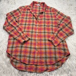 BeachLunchLounge Women's L Plaid Button Front Flannel Tunic Top Dopamine Pink